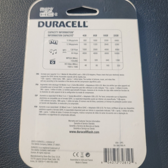 Duracell Du-3In1-08G-R Class 8 8 GB MicroSD Card Universal Adapter DU-3IN1-08G-R - Picture 3 of 4